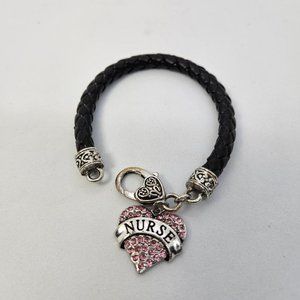 Silver Plated Leather Bracelet with Pink Crystal Nurse Charm size 7.5" Inches